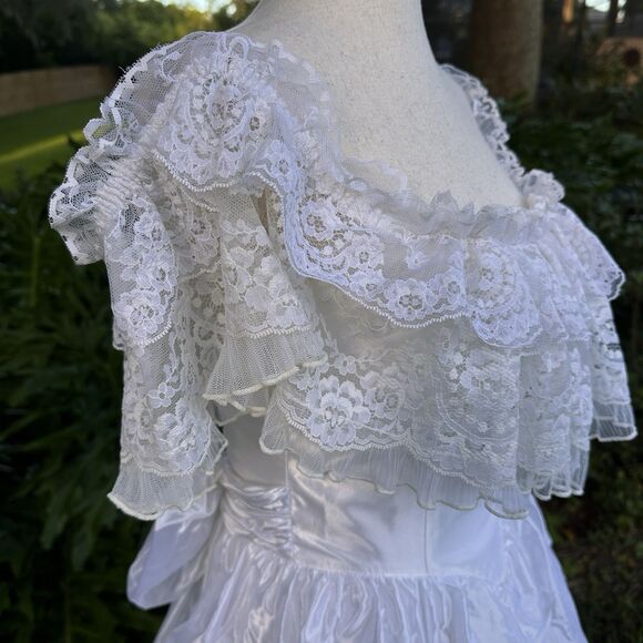 VTG 80’s Jessica McClintock Bridal White Satin Lace Dress-SZ 7  Victorian - Picture 5 of 15
